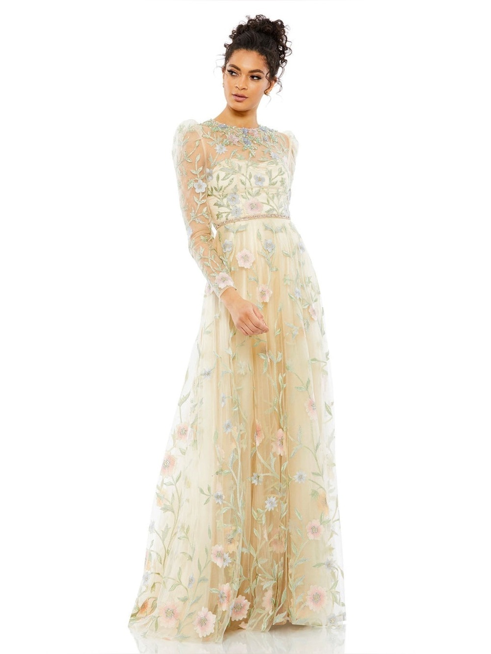 Mac Duggal Long Sleeve Embellished Lace A-Line Gown Floral Dress Size 2 Like New